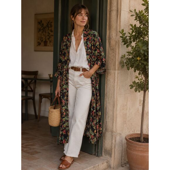 Other - Floral Open Front Duster Kimono Black Botanical Boho Maxi Layering Cardigan
